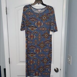 LuLaRoe Blue Julia Midi Dress Casual Crew Neck Sz XL